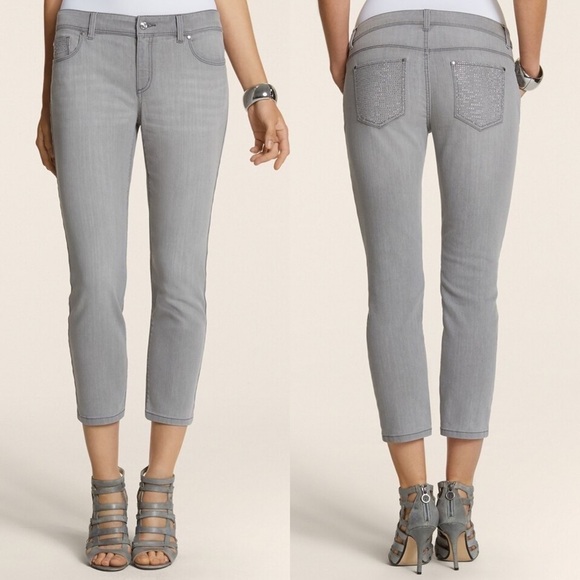 Chico’s Platinum NWT Embellished Crop Gray Jeans - Picture 1 of 10